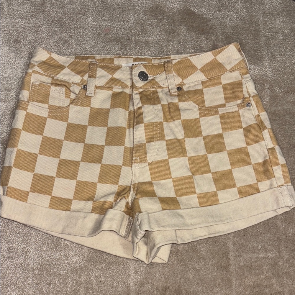 PacSun Tan and Cream Jean Shorts with Checkered Pattern